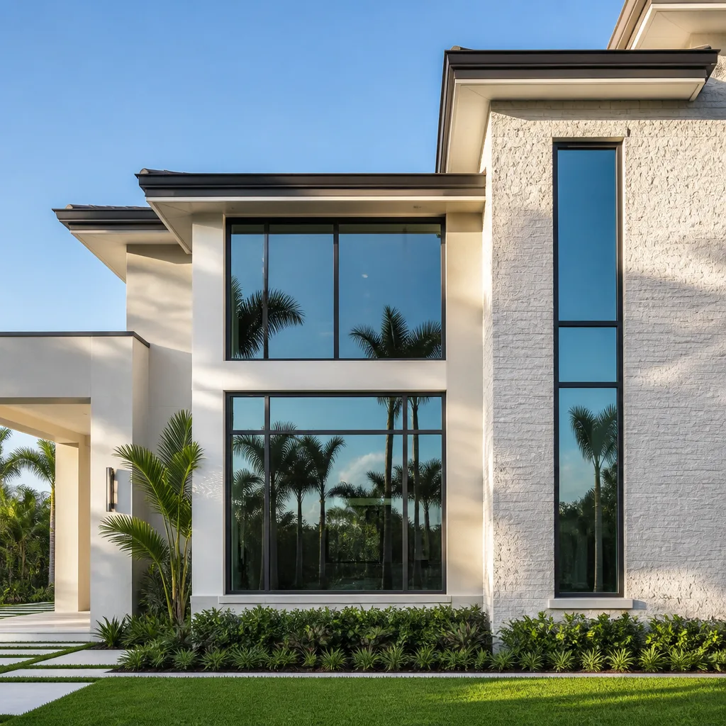 Modern residential home with large custom geometric floor-to-ceiling windows nationwide