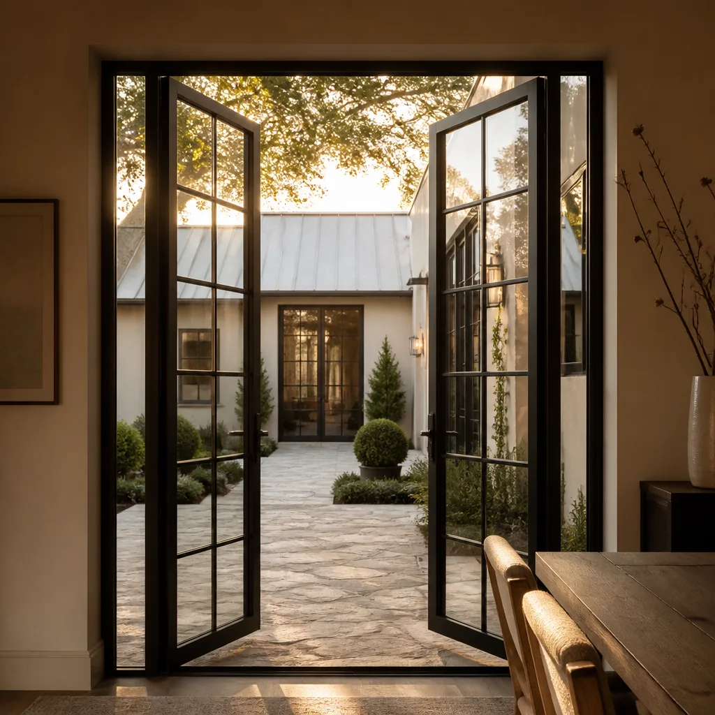 Luxury black steel French doors opening onto a sunlit stone courtyard in Little Gables, FL