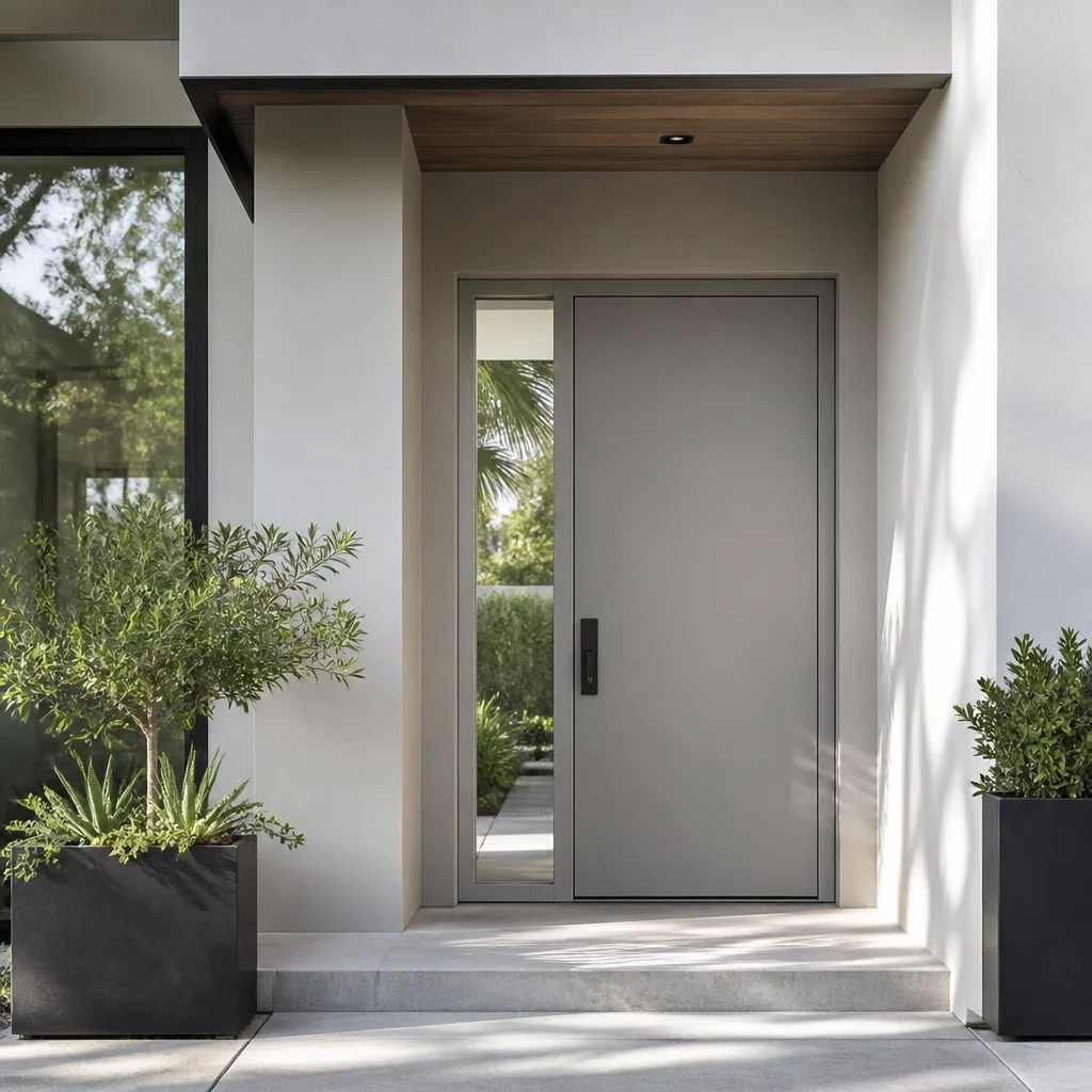 Modern gray entry door with side glass panel installation nationwide