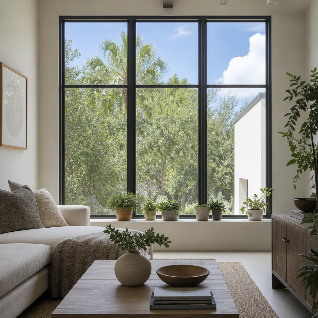 Modern living room featuring large energy-efficient black frame windows nationwide