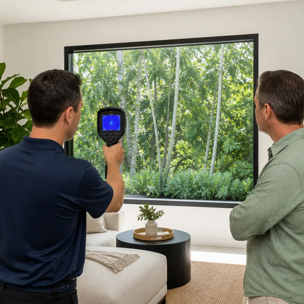 Technician using thermal camera to inspect energy-efficient window for home insulation nationwide
