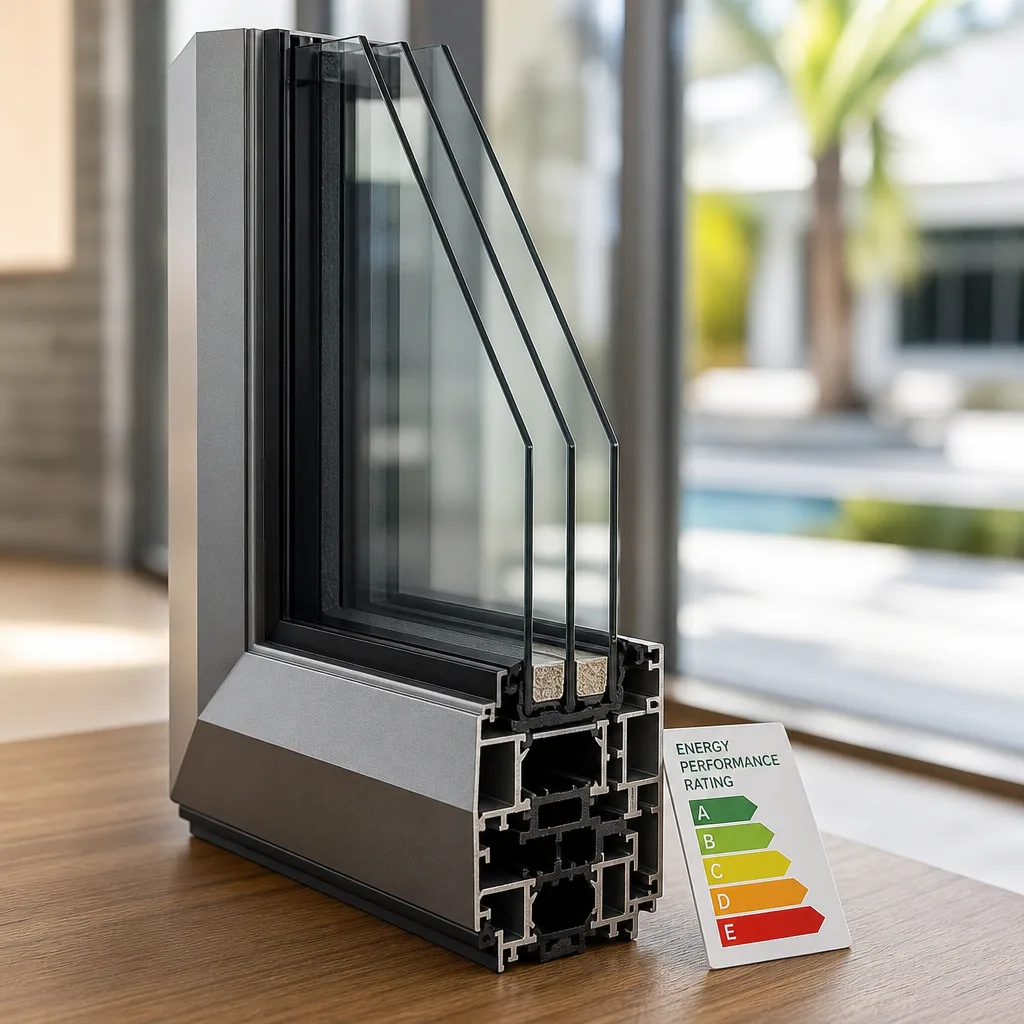 Cross-section of triple-pane energy-efficient window with energy performance rating nationwide
