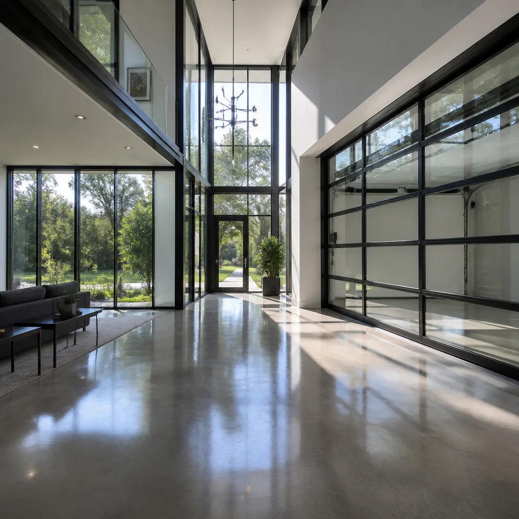 Modern glass and black frame impact garage doors in luxury home in Little Gables, FL