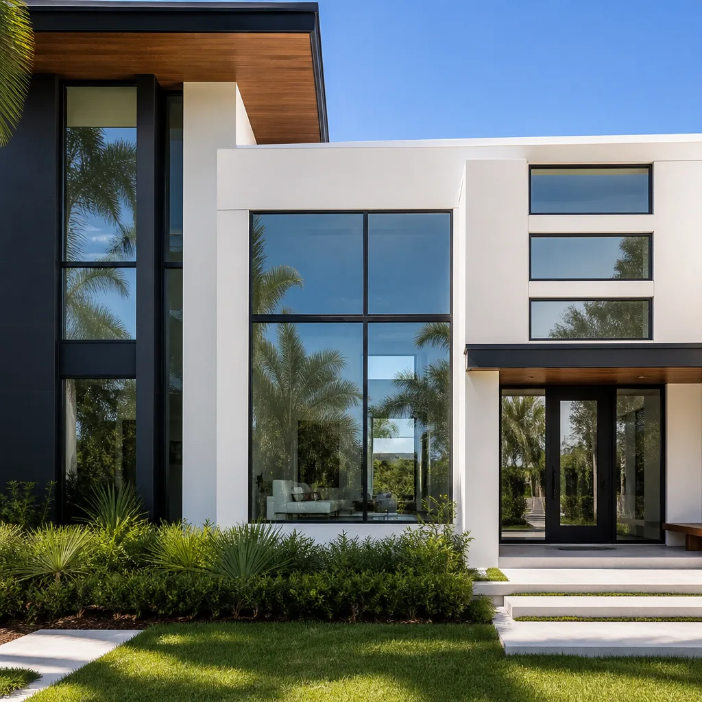 Modern luxury home exterior featuring high-performance impact windows and doors.