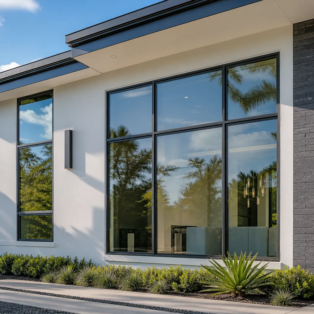 Modern home exterior with high-quality, energy-efficient impact windows installed.