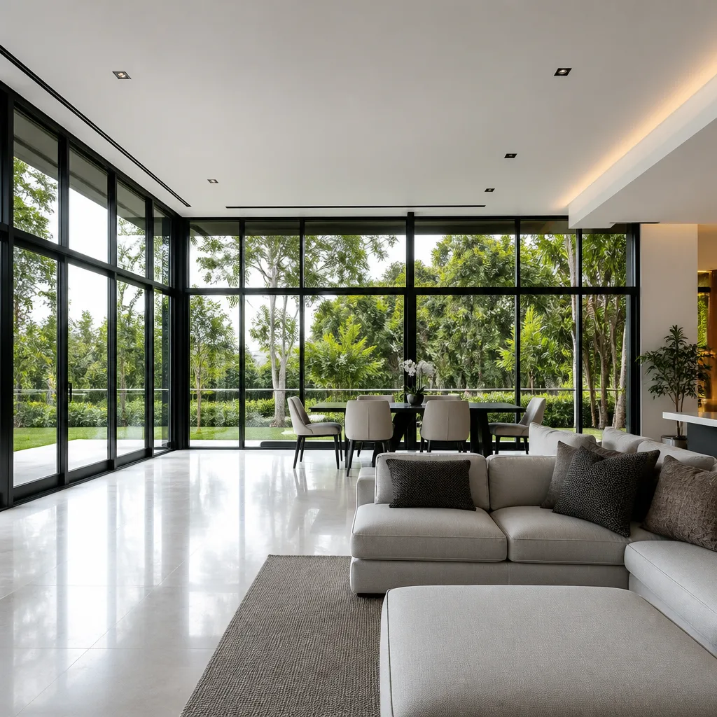 Modern floor-to-ceiling glass windows and sliding doors in a bright living space in Miami, FL
