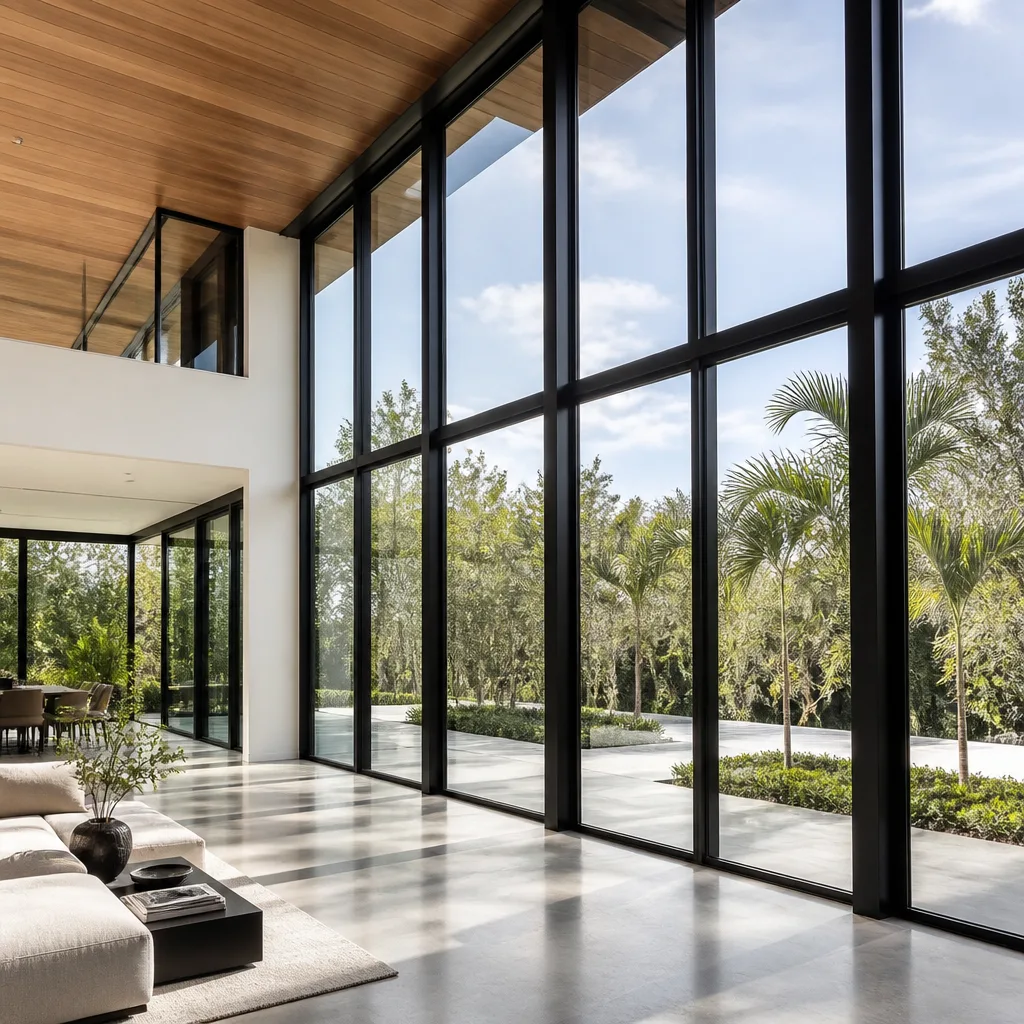 Modern floor to ceiling windows in a luxury home interior in Miami Beach, FL