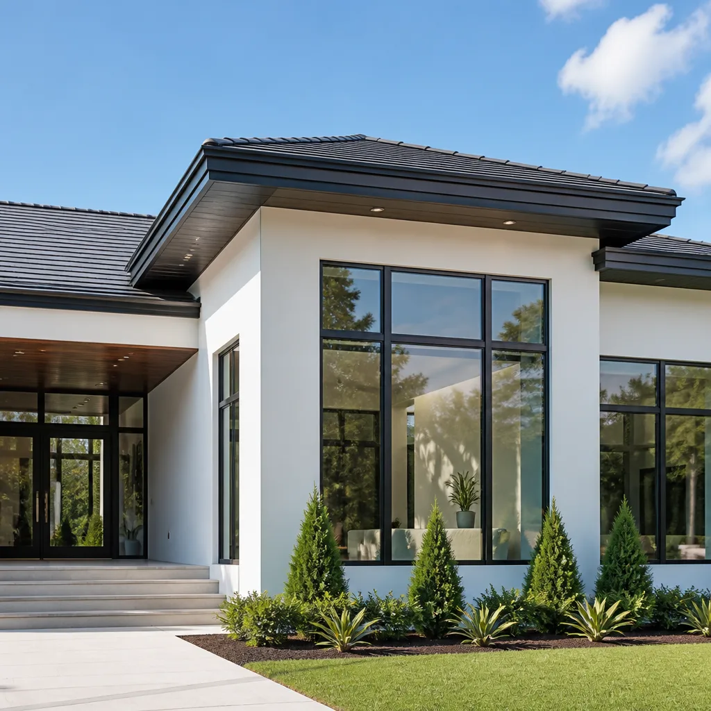 Modern residential home exterior with large glass windows and new dark roof nationwide