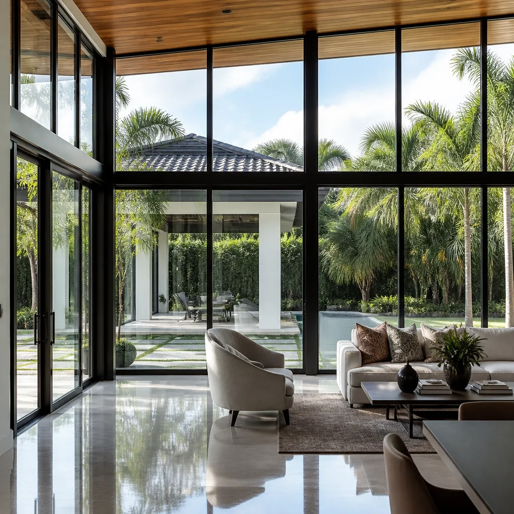 Modern home interior with expansive windows overlooking a roof exterior nationwide