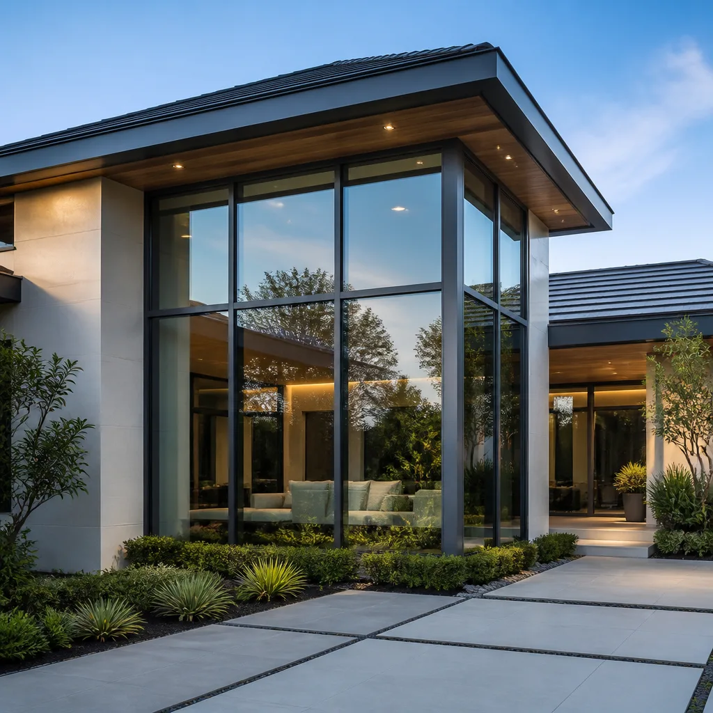Modern home exterior with large glass windows and professional tile roofing. nationwide