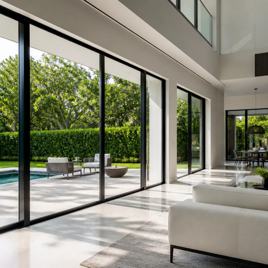 Modern luxury home featuring floor-to-ceiling sliding glass patio doors nationwide