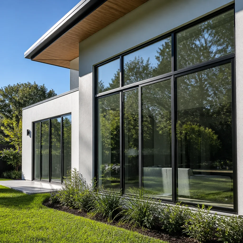 Modern home exterior with large black-framed sliding glass patio doors nationwide
