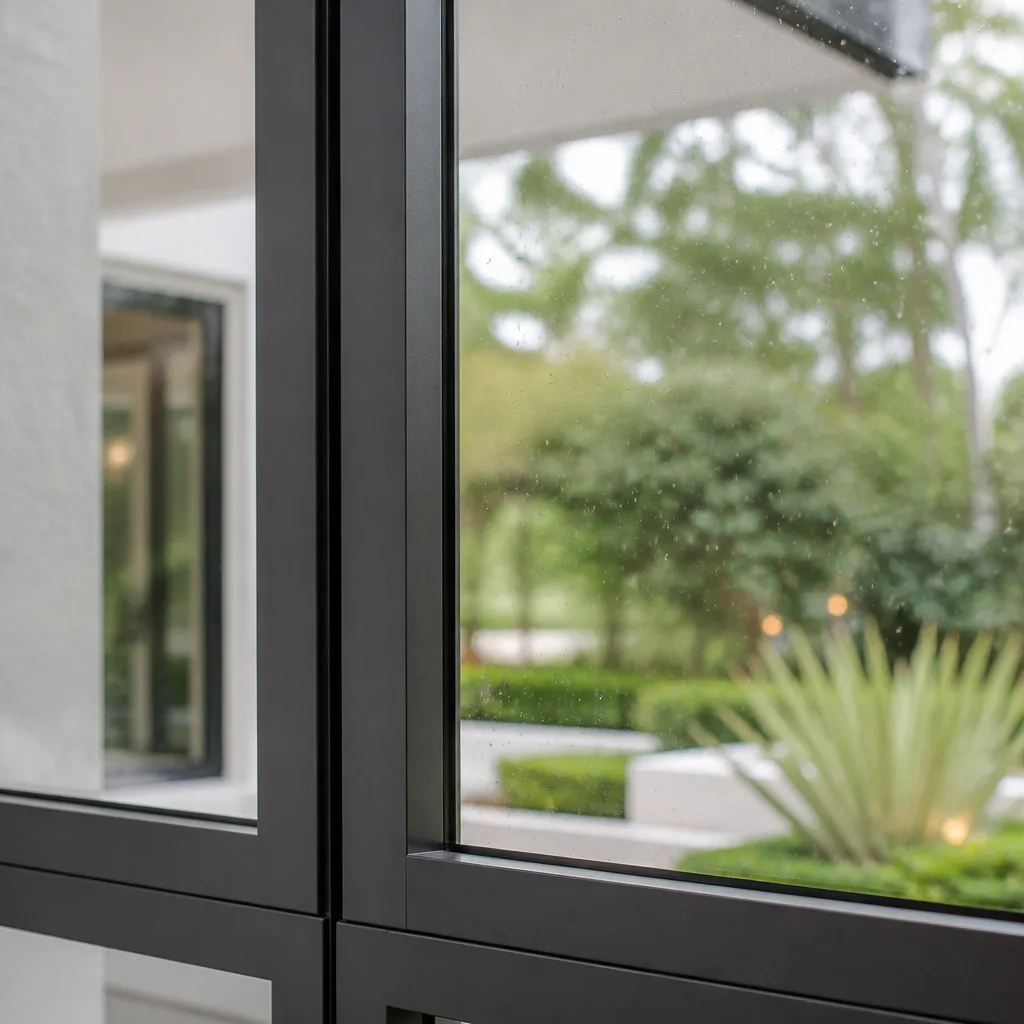 Modern black-framed window installation overlooking a lush residential garden