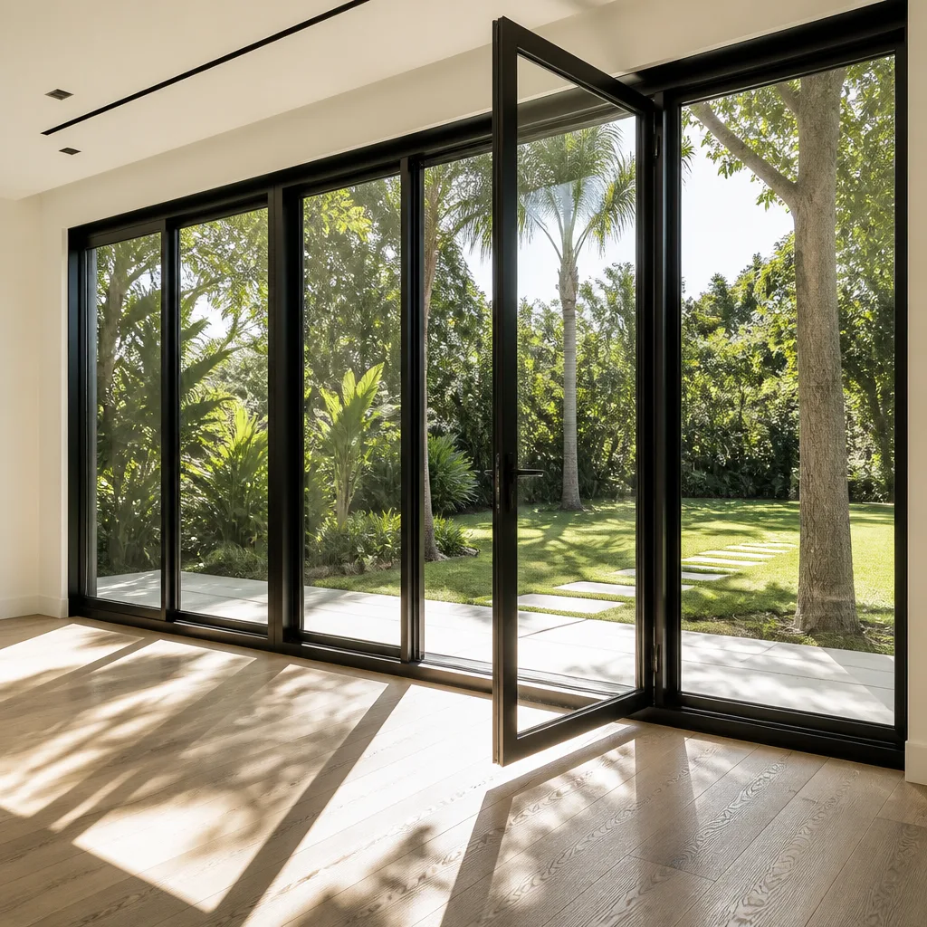 Modern black-framed glass patio doors opening to a lush garden