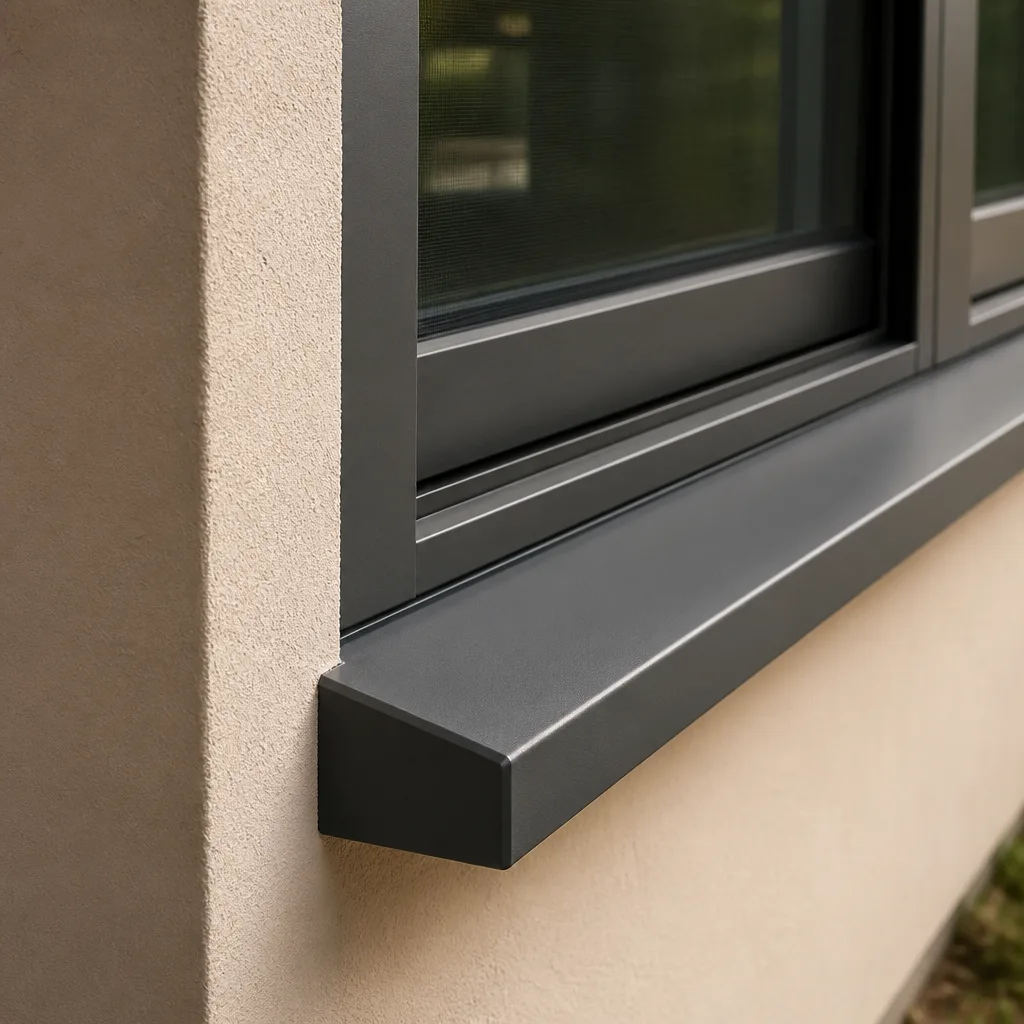 Modern dark grey aluminum window frame installation on textured beige exterior wall