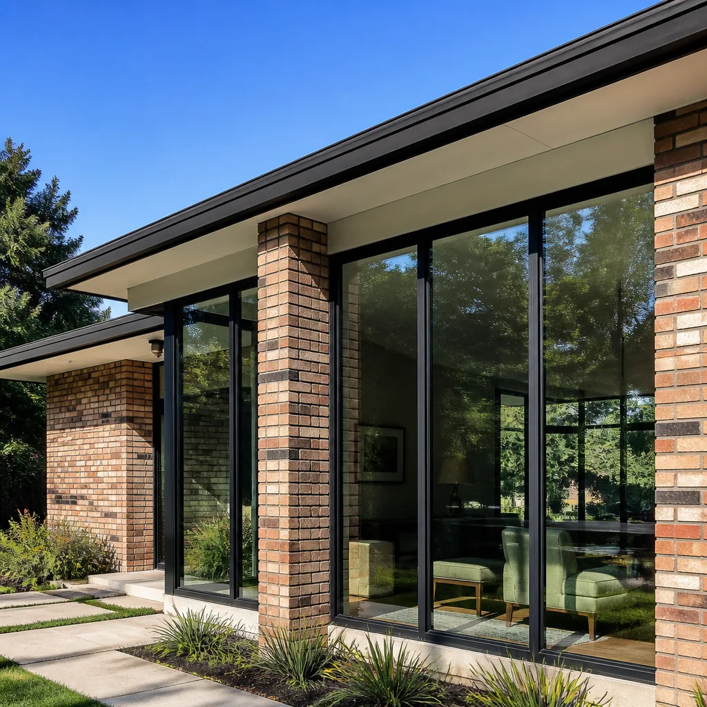 Modern home exterior with large black-framed windows and brick masonry