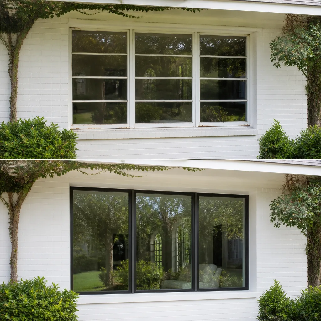 Before and after home window replacement showing modern black window frames